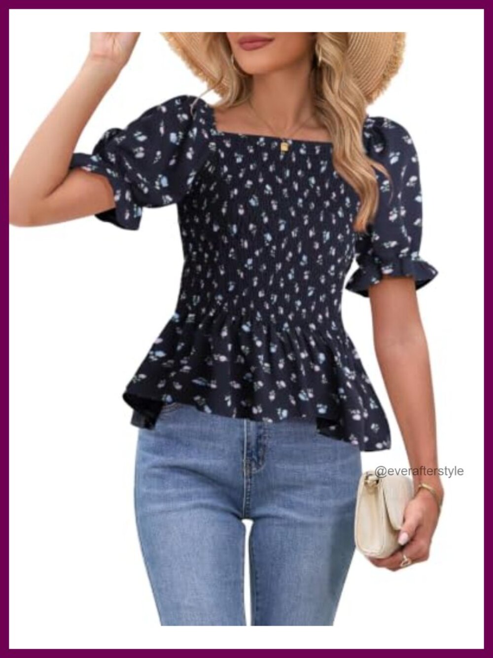 Womens Puff Short Sleeve Babydoll Top Floral Peplum Blouse Smocked Square Neck